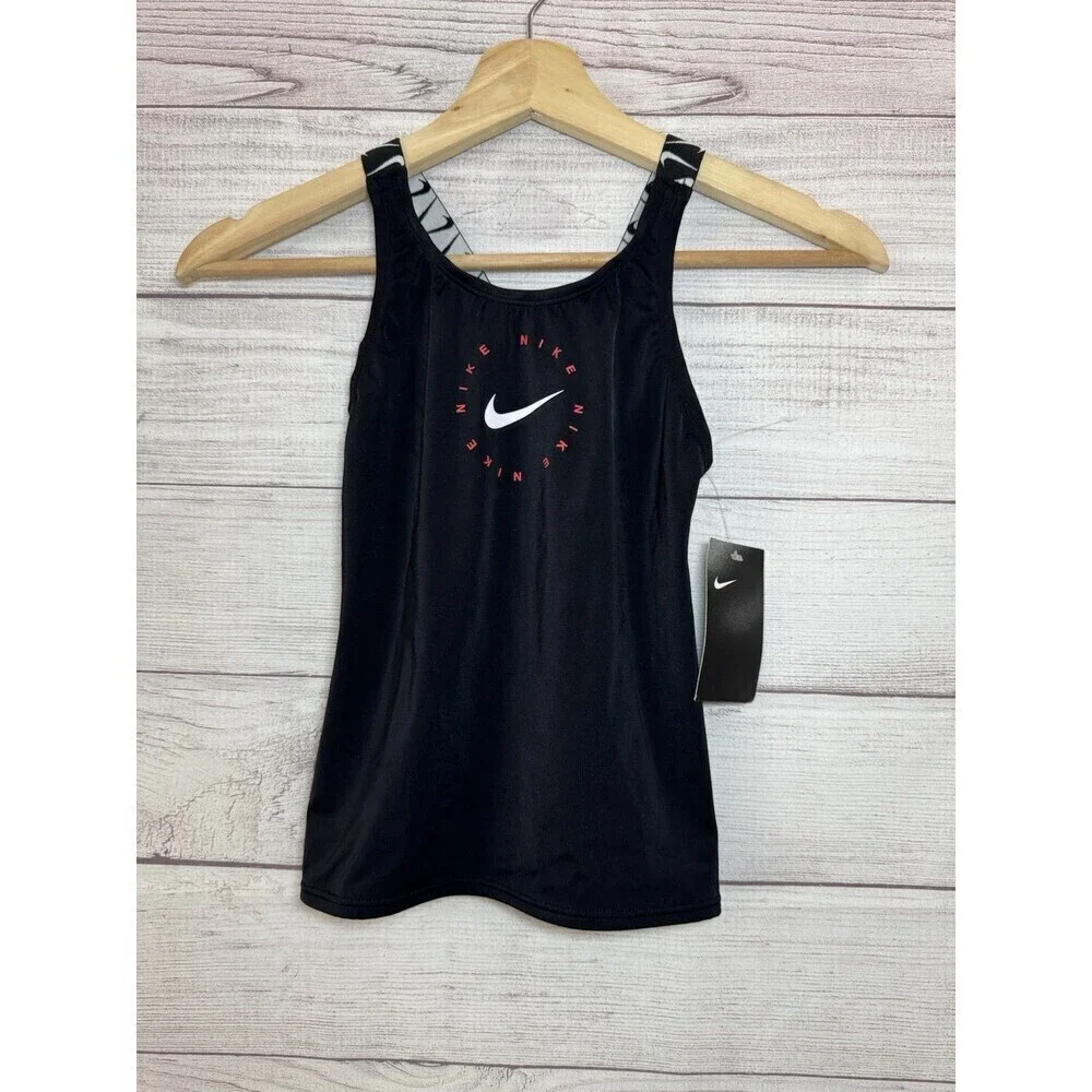 Nike Logo Tape Black Cross Back Tankini Swim Top Size  SMALL Girls
